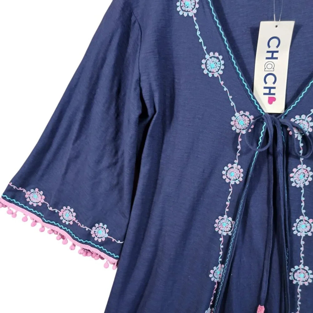 Chach, NWT,  Maxi Kimono, Boho, Navy w/ Pink & Aqua Trim, Whimsical, Small - Picture 5 of 14